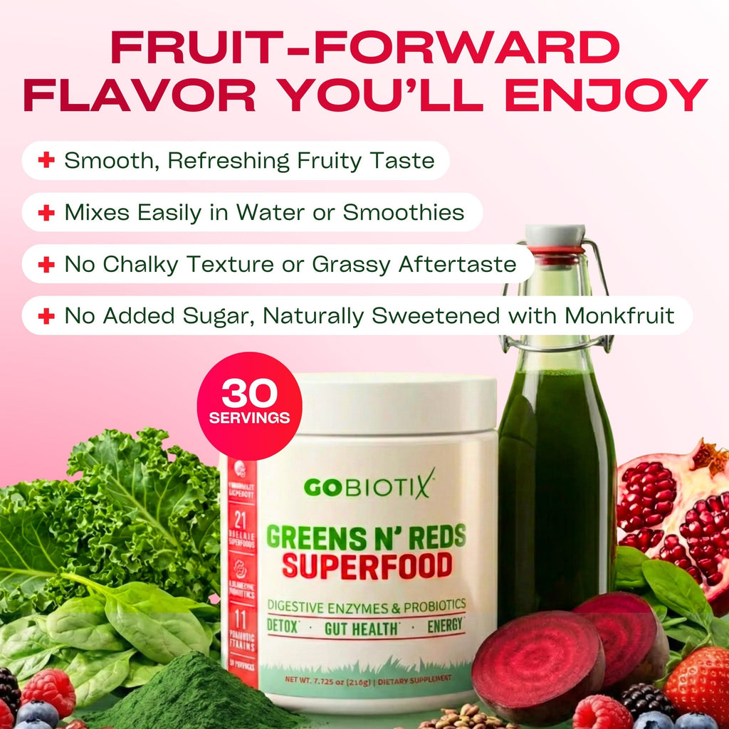 GOBIOTIX Super Greens Powder with Organic Spirulina - Superfood Supplement with Fruit Blend, Probiotics and Enzymes for Digestive Health - Vegan, Non-GMO - 30 Servings (Pomegranate Raspberry - 3 Pack)