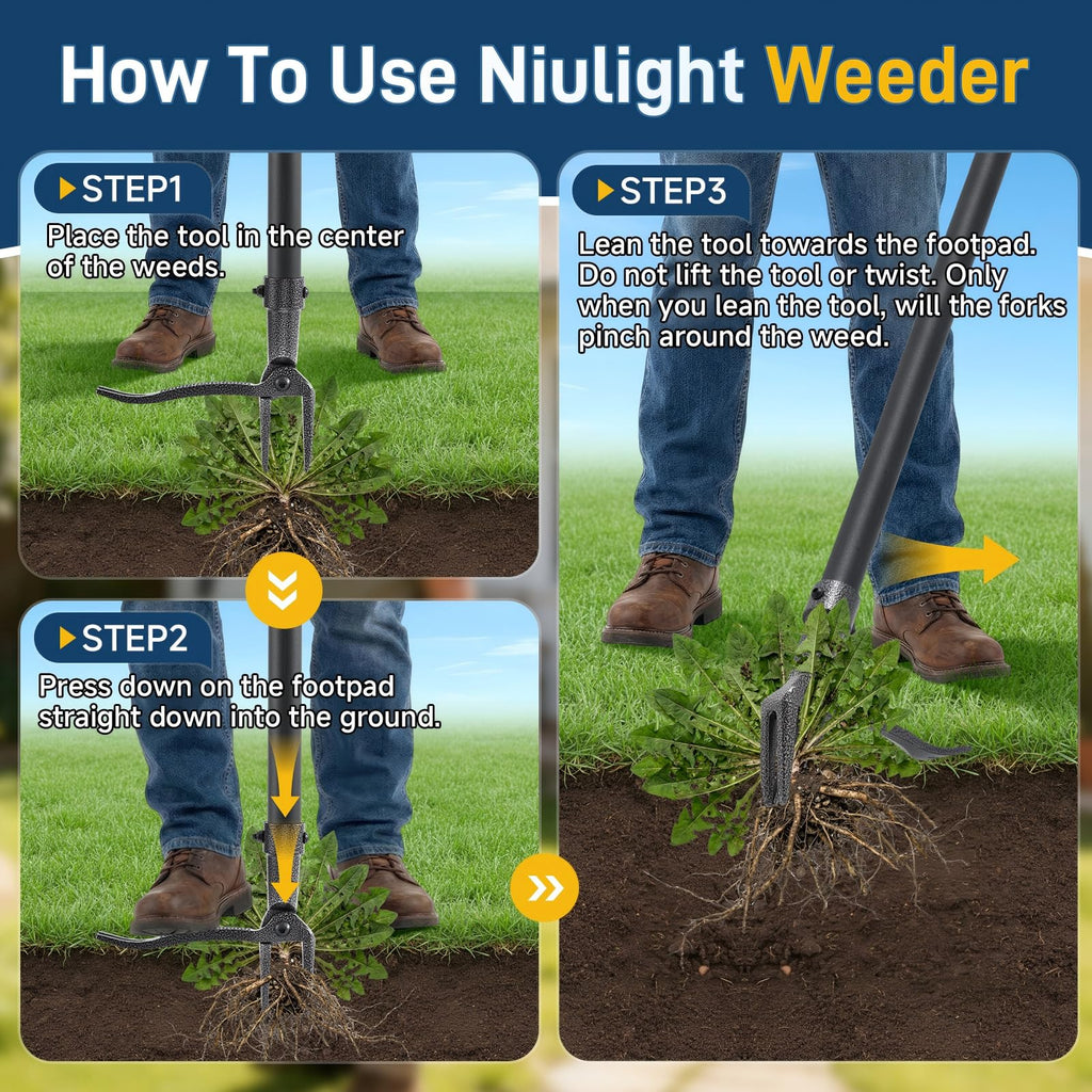 Niulight Stand Up Weed Puller Tool, 46" Adjustable Long Handle with 4-Claw Steel Head, Heavy Duty Weeder for Effortless Root Removal, No Bending or Kneeling