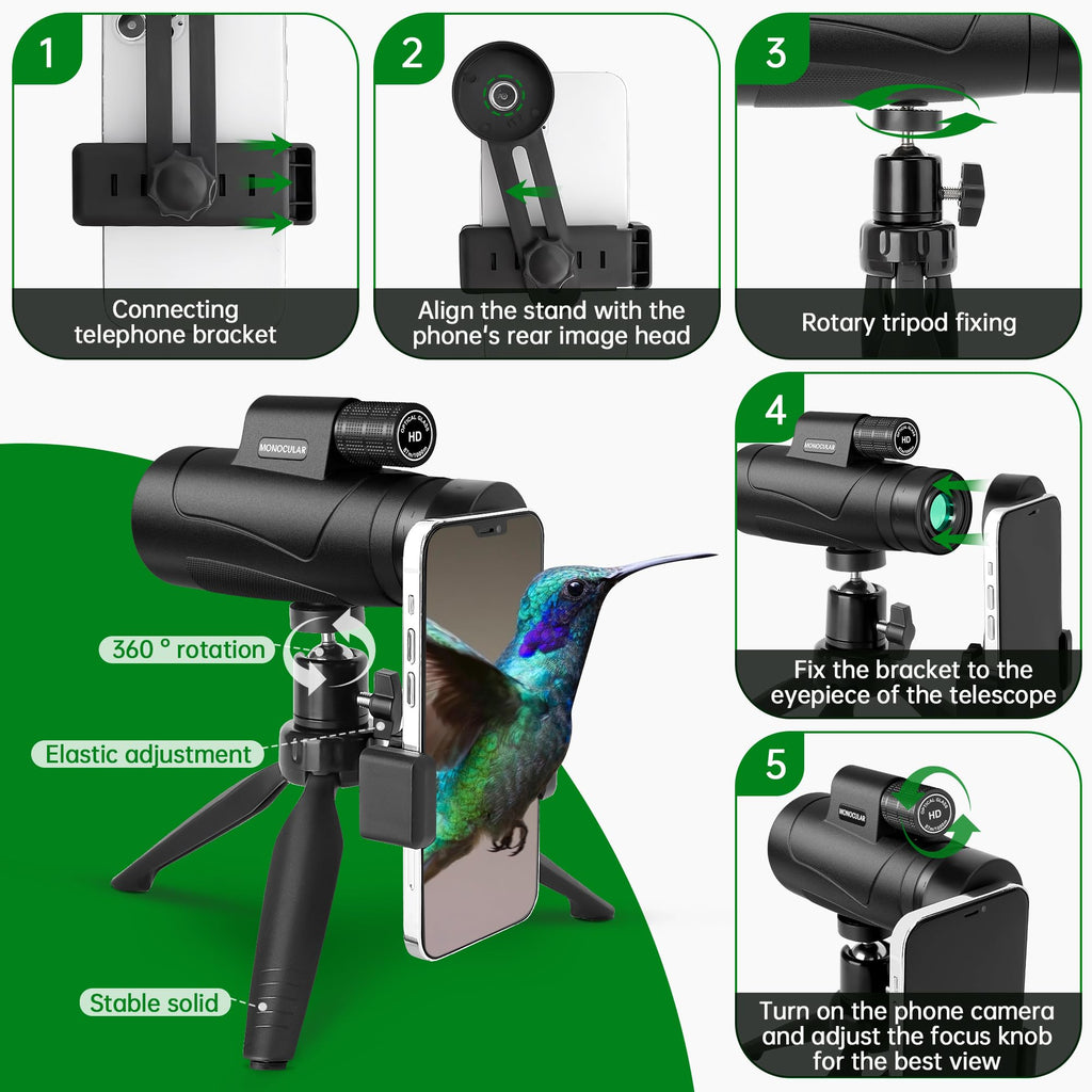 Asacam® 2025 Update - 80x100 Monocular Telescope High Powered for Smartphone HD Monoculars for Adults with Adapter/Tripod for Bird Watching Hiking Hunting Camping Traveling Outdoor Wildlife