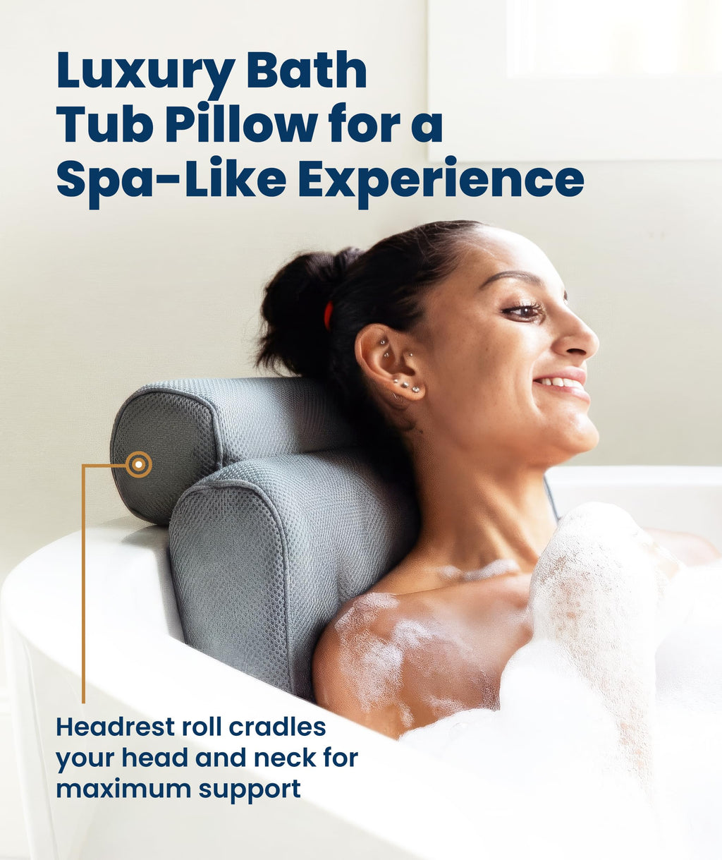 Everlasting Comfort Luxury Bath Pillows for Tub with Head and Neck Support - Non-Slip Bathtub Pillow with Suction Cups, Quick-Drying Mesh & Drying Hook - Jacuzzi & Spa Accessories for Women - Gray