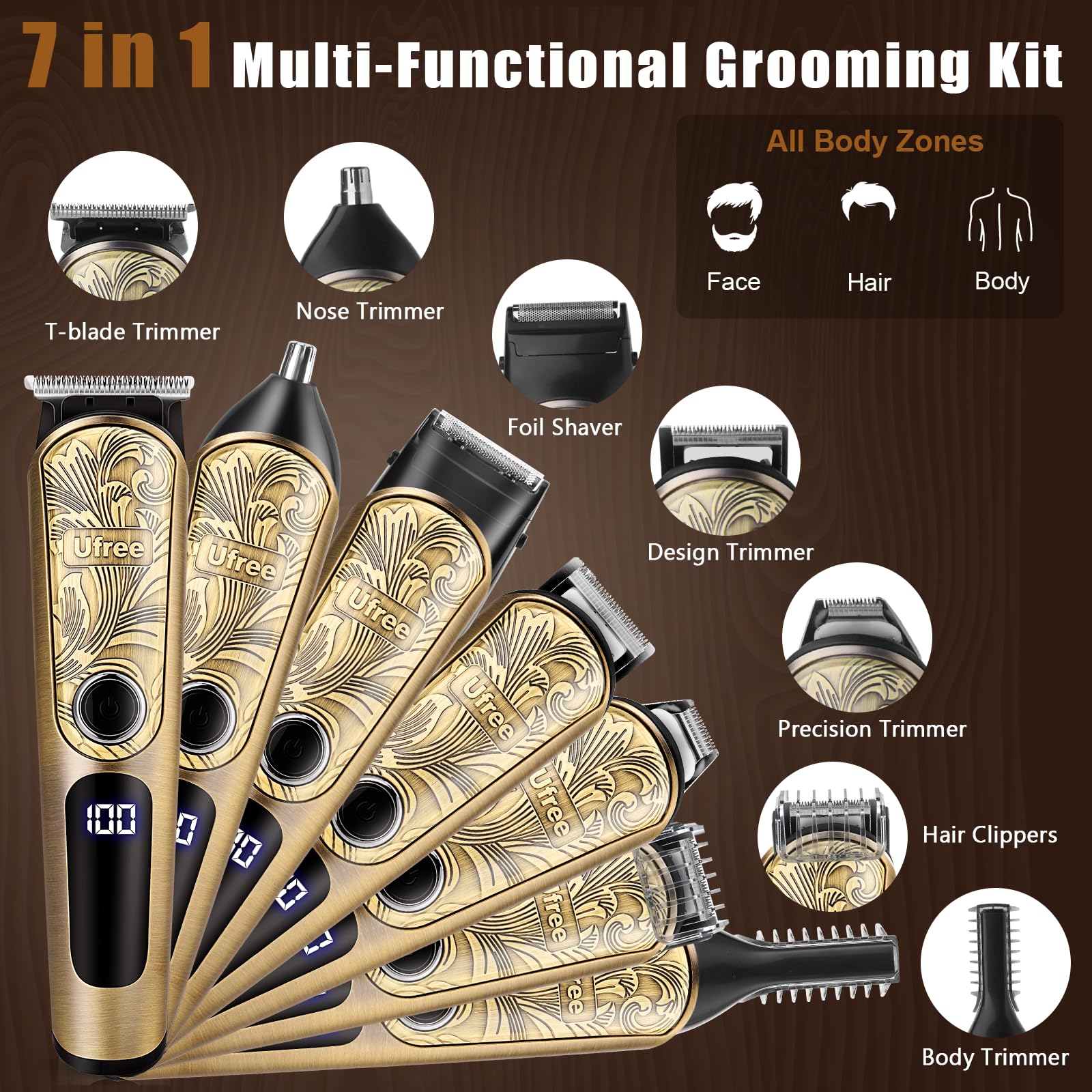 Ufree Beard Trimmer Men, Waterproof Electric Razor Nose, Body, Face and Mustache, Cordless Hair Clippers Shavers Grooming Kit, Gifts for Husband Father
