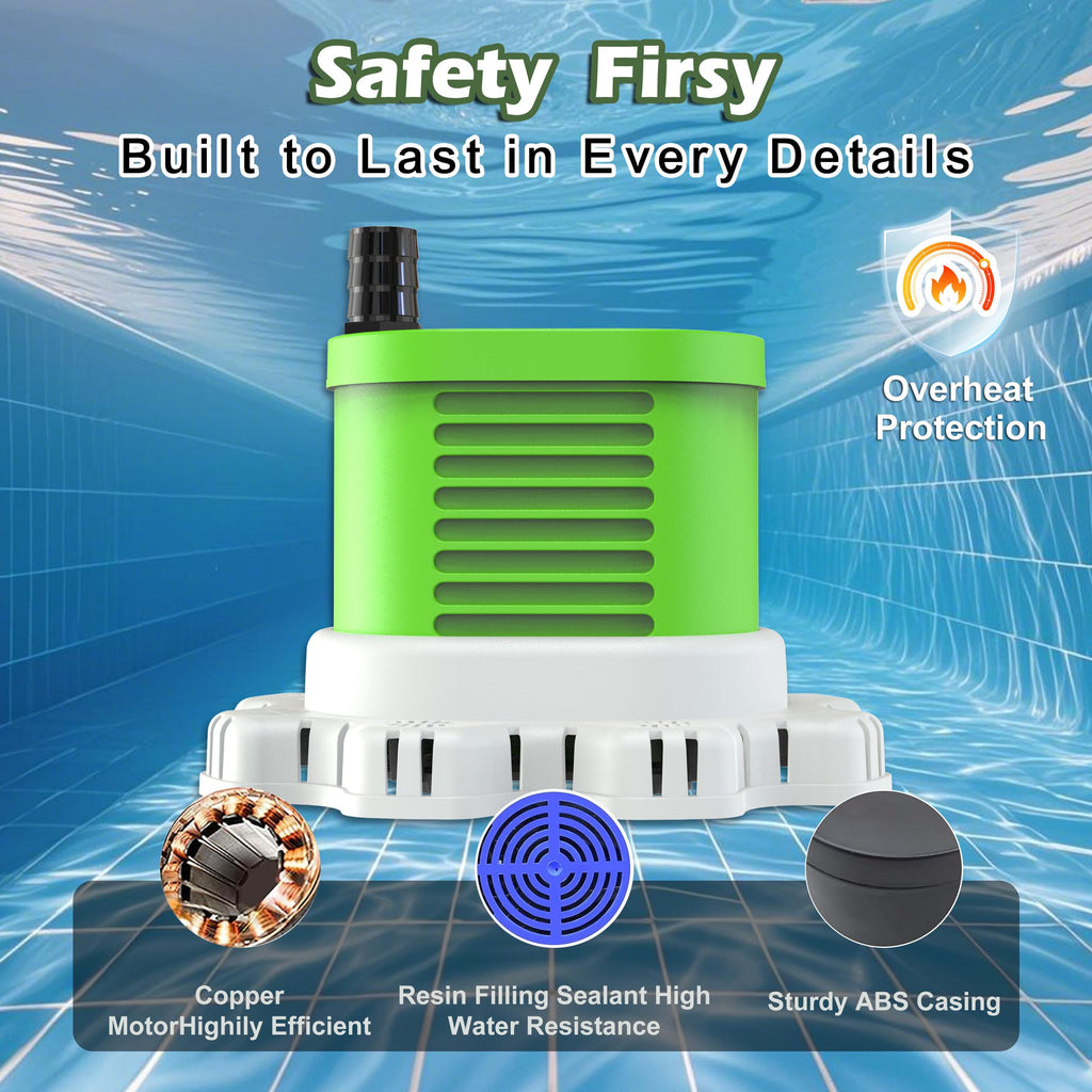 AgiiMan Pool Cover Pump Above Ground - 850 GPH Submersible Water Pump for Pool Draining, Portable Small Sump Pumps with 16' Drainage Hose and 25' Power Cord, 3 Adapters, Green