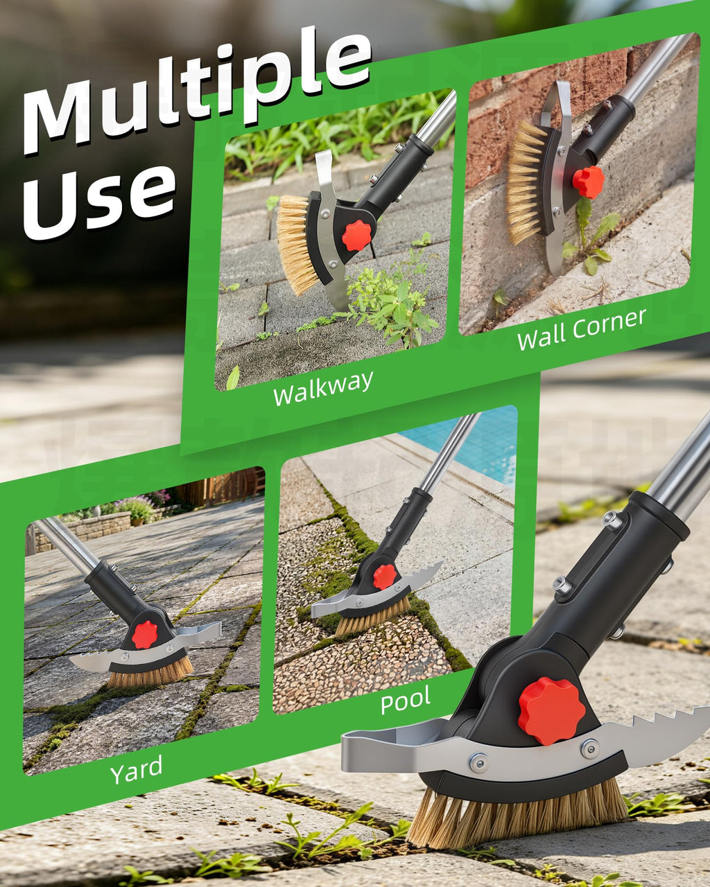 SFTPO 3-in-1 Crack Weeder Long Handle, Adjustable Crevice Weeding Tool with Stainless Steel Weed Brush and 2 Scrapers Weed Puller Tool for Driveway, Sidewalk, Lawn to Remove Weeds Moss Dirt (58.6")