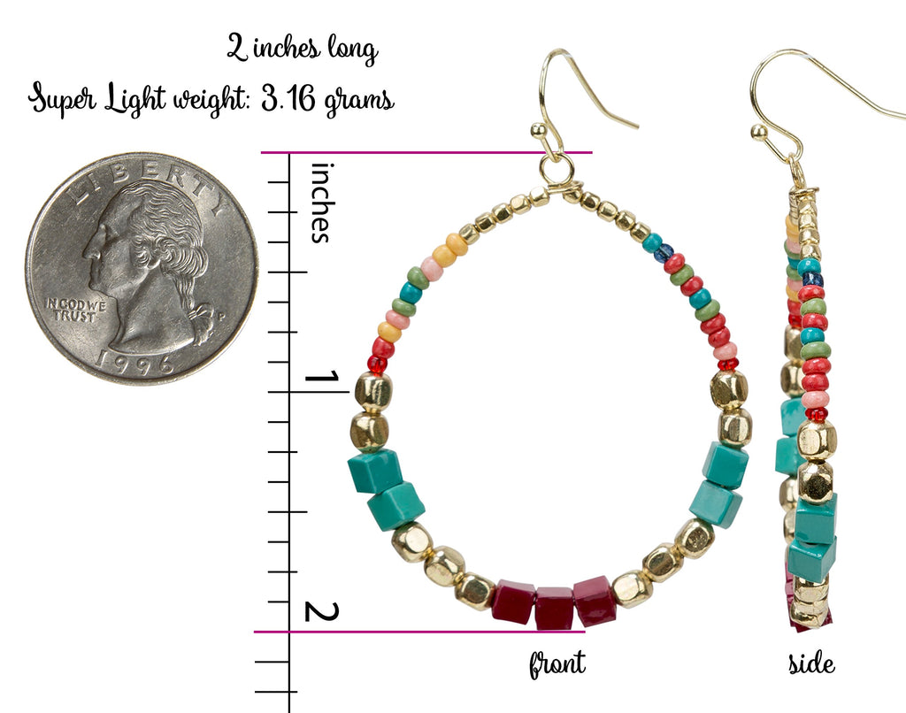 SPUNKYsoul presents "Zura" Bohemian Multi-Colored Cube Beaded Hoop Earrings for Women (Teal/Red/Cube)