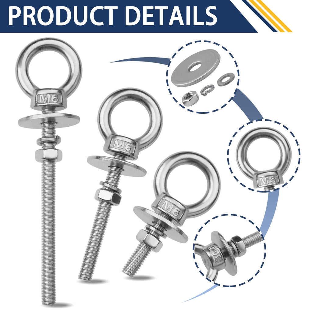 ZYUAROM 12 Pack M6 Stainless Steel Eye Bolts with Nuts, 1/4" x 3" Eye Bolts