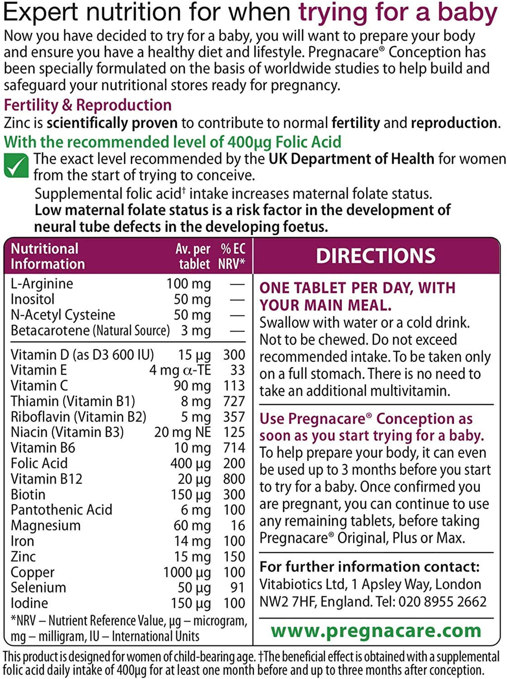 Vitabiotics Pregnacare Before Conception tryling for a baby 30 Tablets