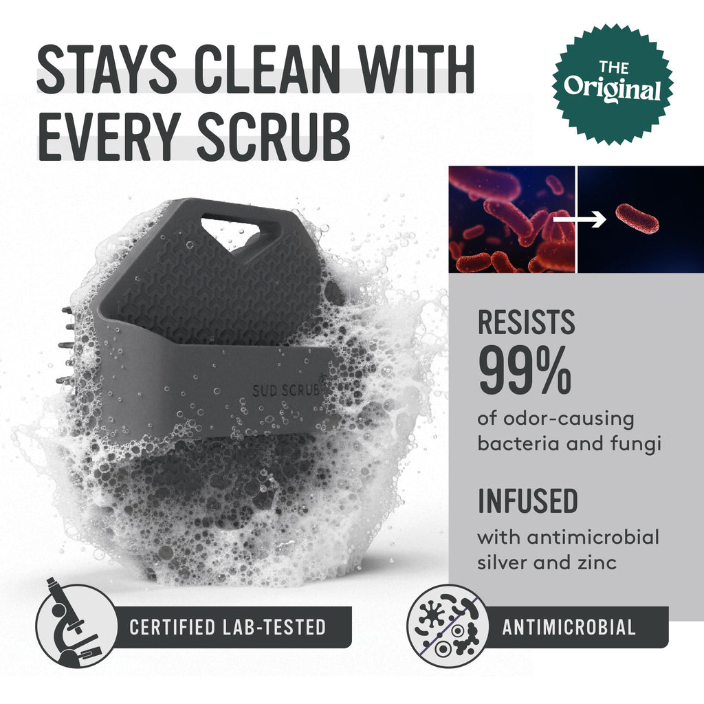 Sud Scrub Antimicrobial Silicone Body Scrubber, Exfoliating Shower Scrubber for Sensitive Skin, Eco Friendly Silicone Body Brush