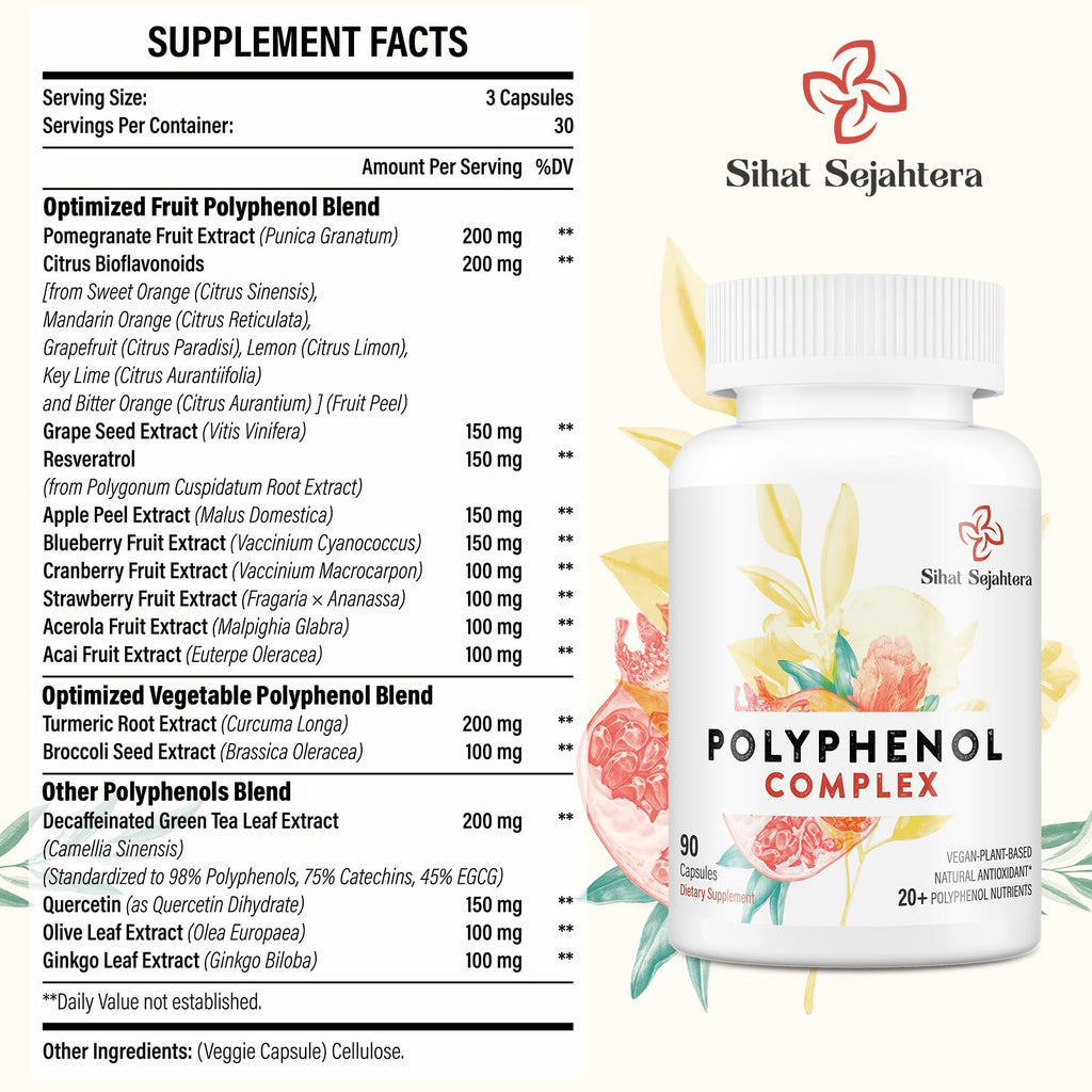 Sihat Sejahtera 67,500 MG Polyphenols Supplement - Powerful Antioxidants & Polyphenol for Age Defense, Polyphenol Superfood, Quercetin, Resveratrol, Plant-Based & Energy, Immune Support, 90 Capsules