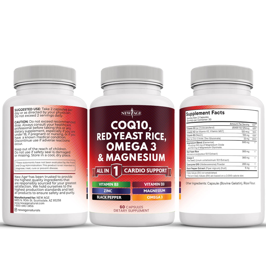NEW AGE COQ10 200mg Red Yeast Rice Omega 3-6-9 Magnesium Complex Zinc Vitamin K2 D3 - Support Vitamins for Women and Men with Vitamin B3, Coenzyme Q10-180 Count