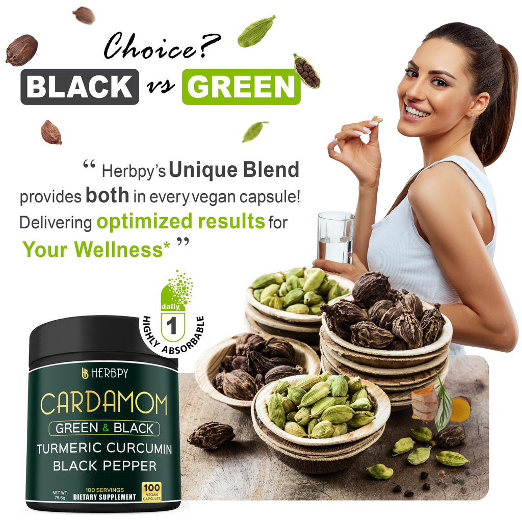 Herbpy 4in1 Cardamom Supplement - Green & Black Cardamom Seeds with Turmeric & Black Pepper – Digestive Health & Natural Wellness - 100 Vegan Capsules