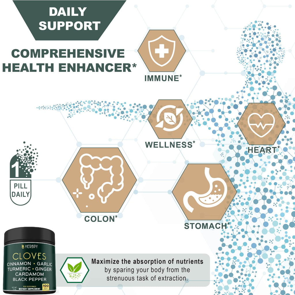 Herbpy 7in1 Clove Supplement Rich in Vitamins & Minerals Supports Digestion, Immune & Heart Health with Cinnamon, Turmeric, Ginger, Cardamom, Garlic & Black Pepper - 100 Vegan Capsules