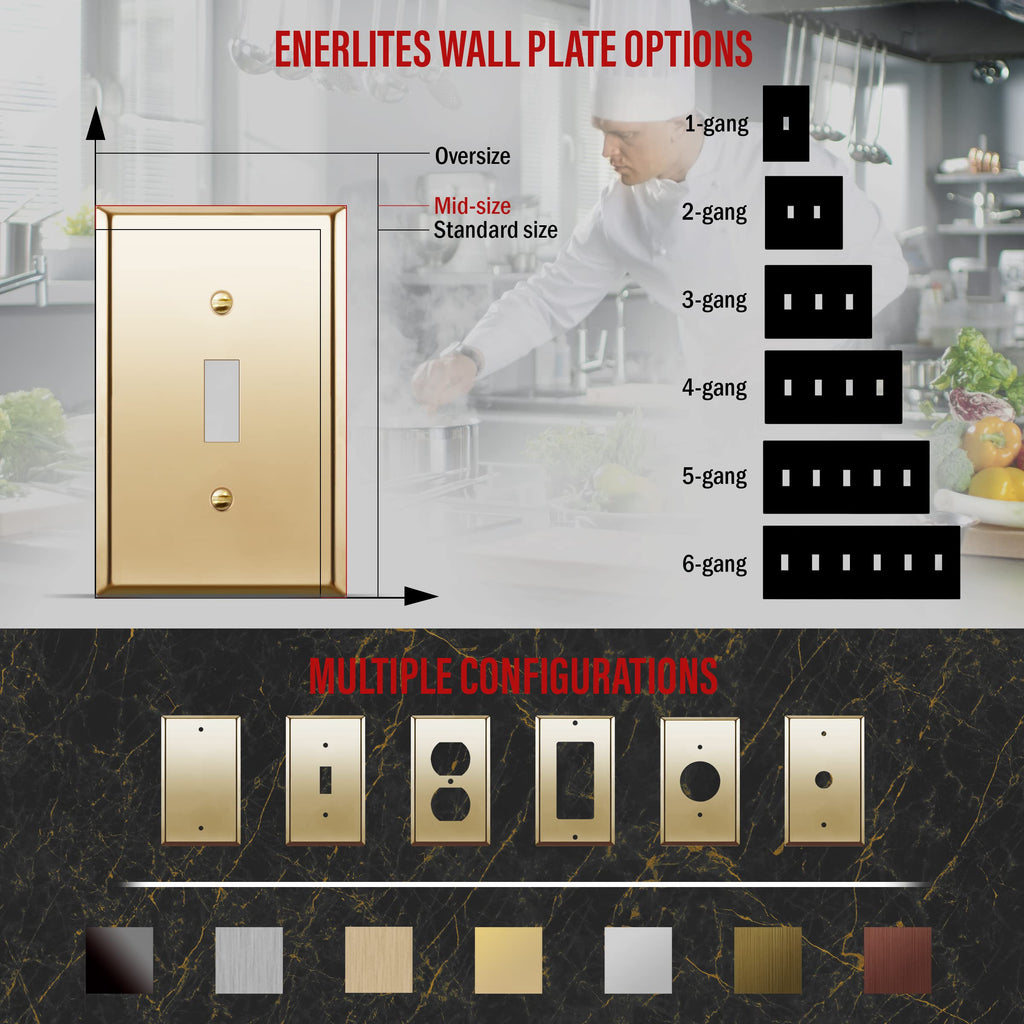 ENERLITES Toggle Light Switch Metal Wall Plate, Stainless Steel Switch Cover, Corrosion Resistant, Mid-Size 1-Gang 4.88" x 3.11", Stainless Steel 201, 7711M-PB, Polished Brass