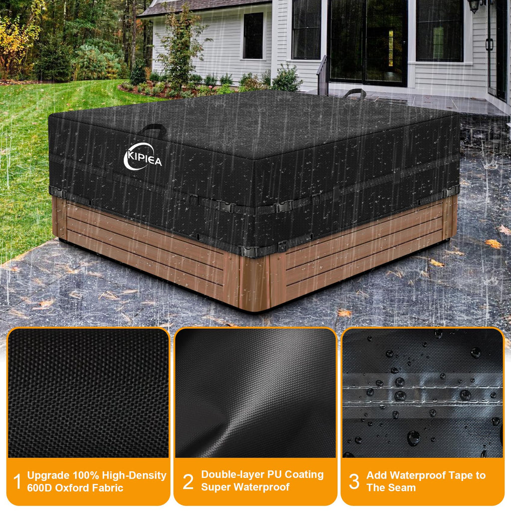 Kipiea 600D Outdoor Waterproof Square Hot Tub Cover Protector, Heavy Duty Polyester SPA Cover UV Protection Cover 90" L x 90" W x 20" H, Black