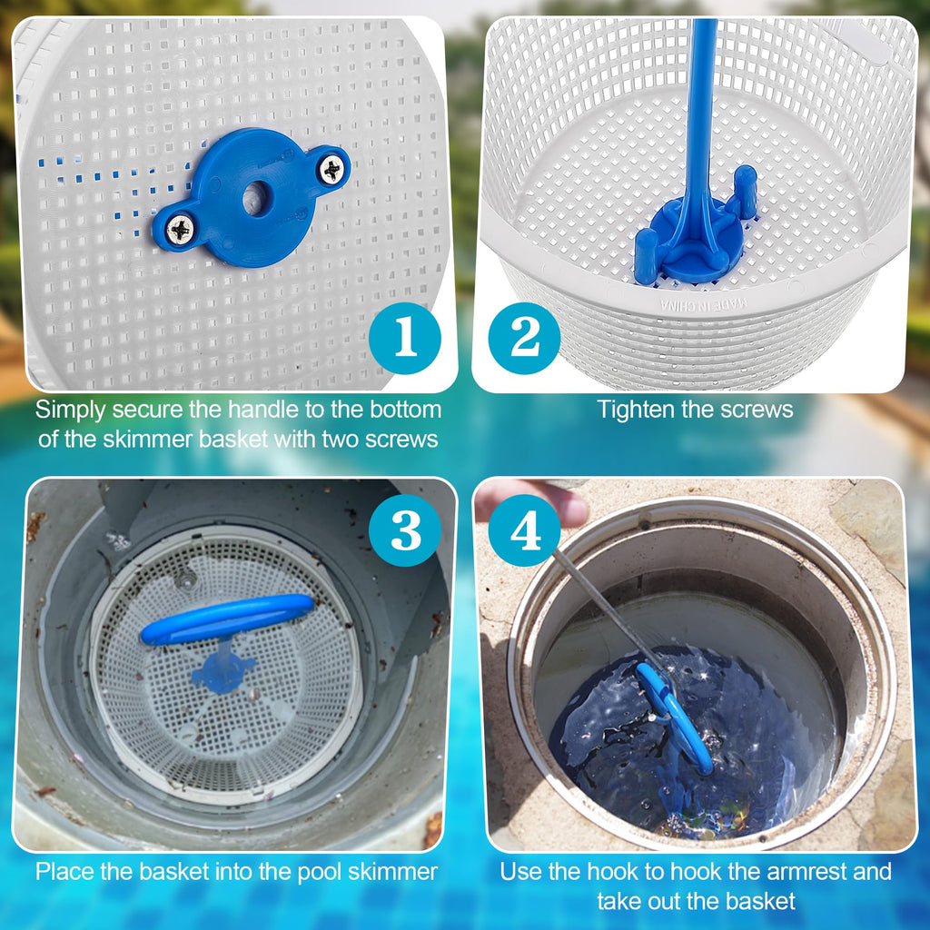 Saillong 2 8" Pool Skimmer Basket for Inground Pool & 2 Skimmer Basket Handle & 1 Stainless Steel Hook, Universal Pools Skimmers Baskets Replacement for Debris Removal, Keep Hands Clean(Blue, White)