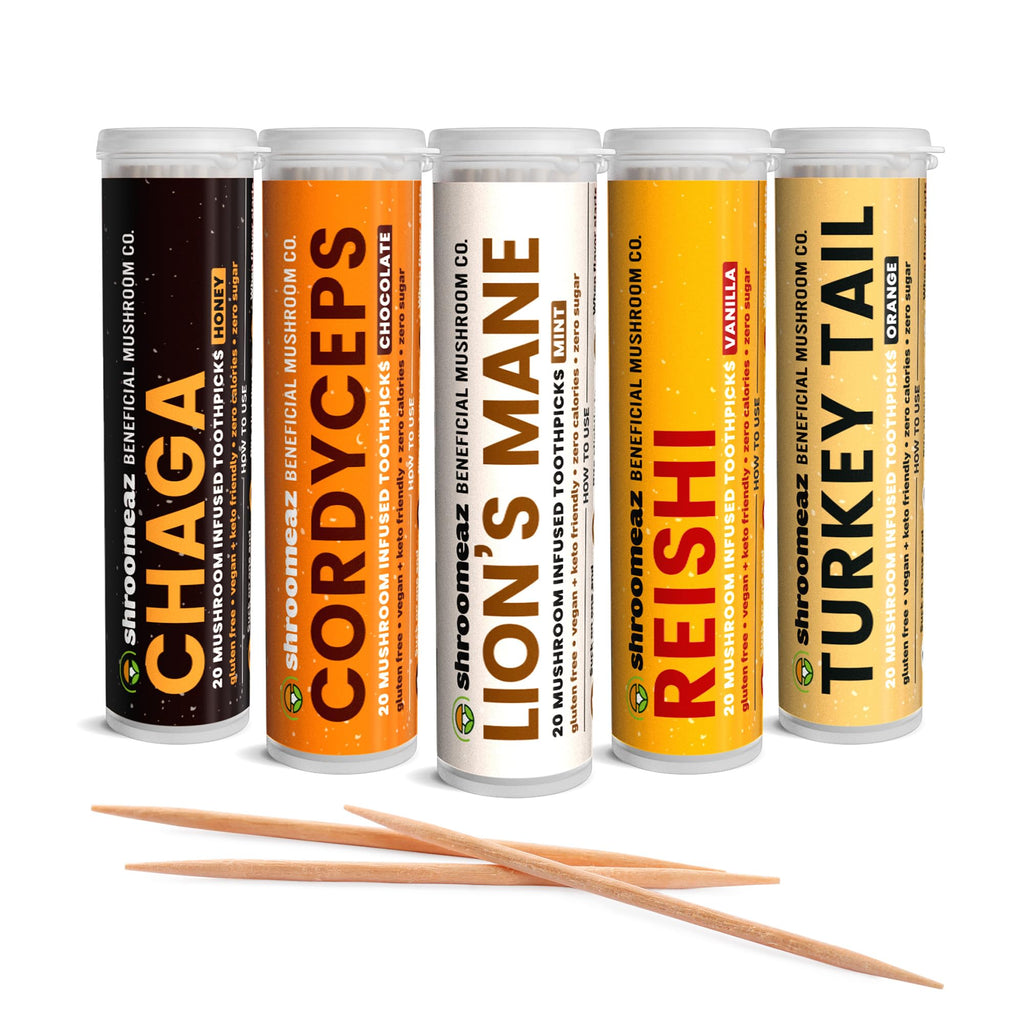 Shroomeaz Flavored Infused Toothpicks (Variety Reishi, Cordyceps, Lions Mane, Turket Tail, Chaga) 5 Pack