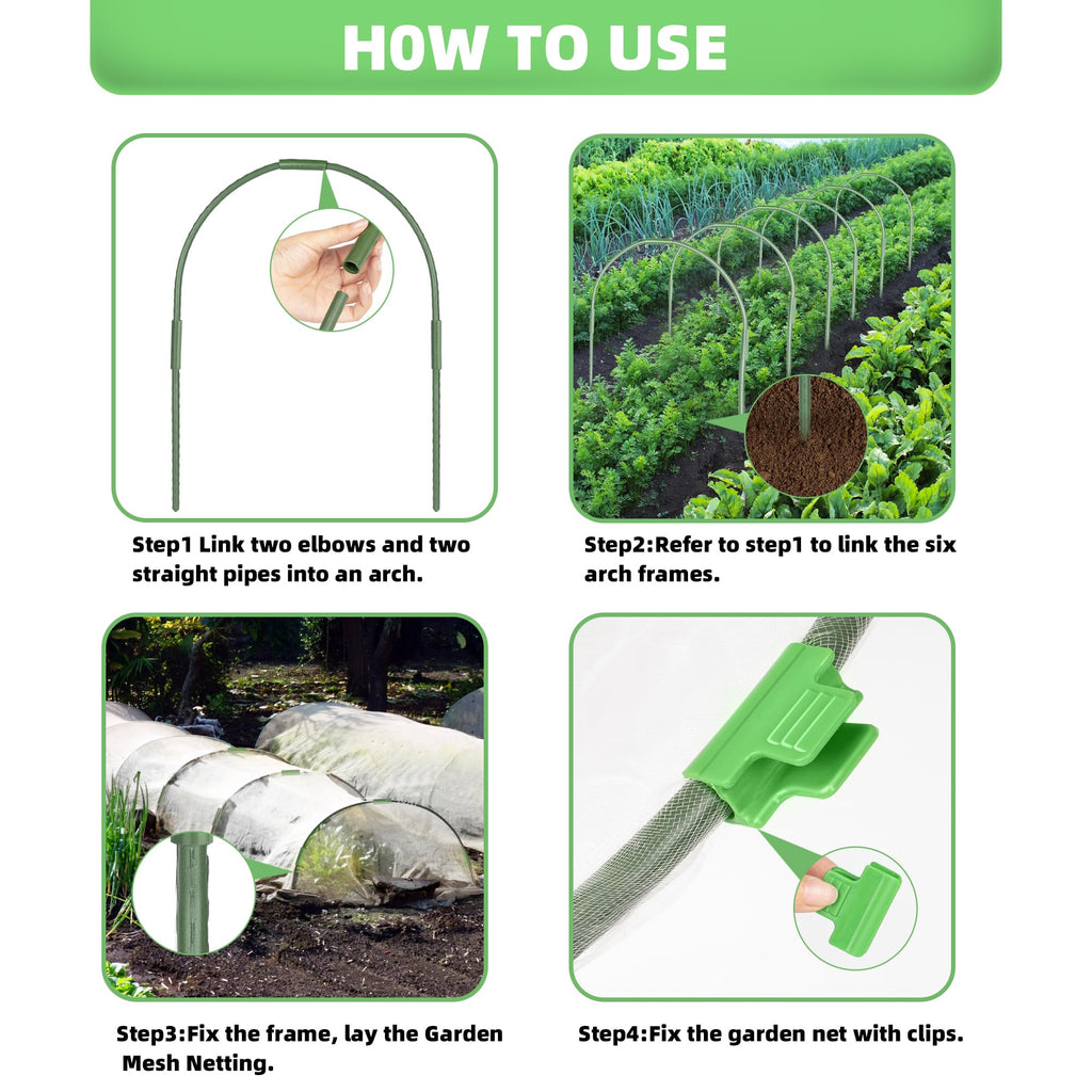 U0U Garden Mesh Netting Kit,7.8 x 24 Ft Plant Netting with Hoops,Bird Net for Garden with 6 Sets Garden Hoops & 18 Clips,Garden Net Bed Cover for Plants Birds Animals Protection (White)