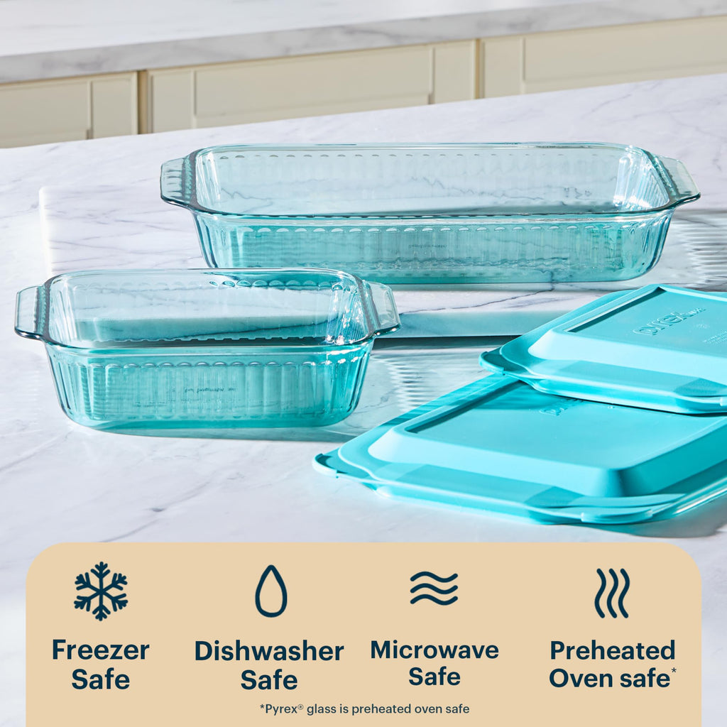 Pyrex Colors Tinted (2-Pack, Full Set) Tinted Glass Baking Dish with BPA-Free Lid, Oblong Bakeware Glass Pan For Casserole & Lasagna, Dishwasher, Freezer, Microwave and Pre-Heated Oven Safe, Aqua