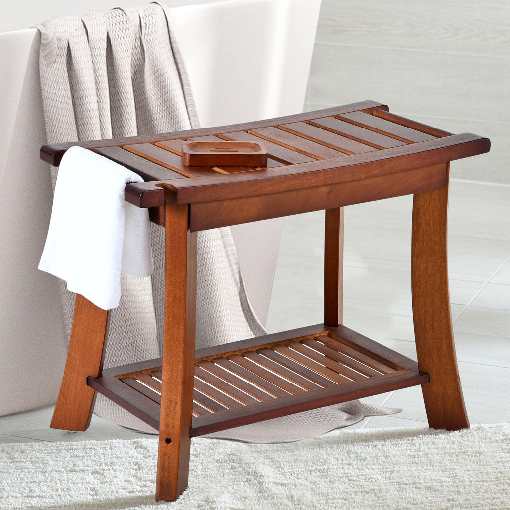 Jekruiet Teak Shower Chair Stool, 24" Shower Bench Seat, Wooden Bathroom Bench with Storage Shelf for Indoor & Outdoor Use