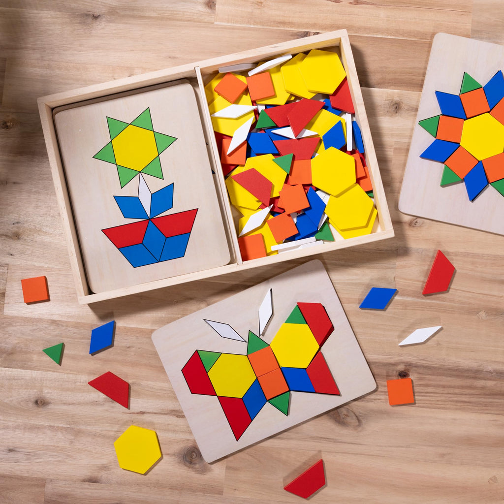 Melissa & Doug Pattern Blocks and Boards - Classic Toy With 120 Solid Wood Shapes and 5 Double-Sided Panels