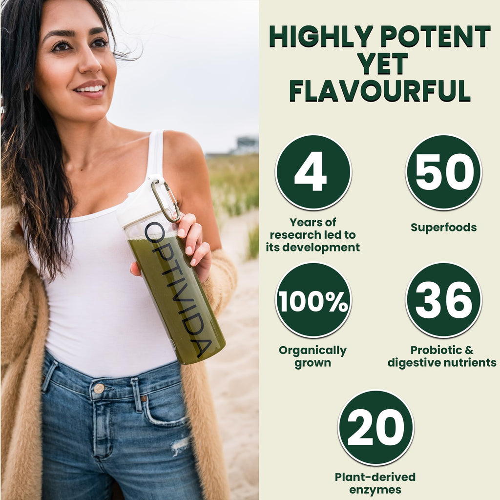 OPTIVIDA Fruits & Veggie Mix Super Greens Powder Packets (30 Days)- 50+ Superfood Green Juice Powder & Greens Supplements W/Probiotic, Antioxident, Digestive Enzymes & Adaptagen Blends for Gut Health