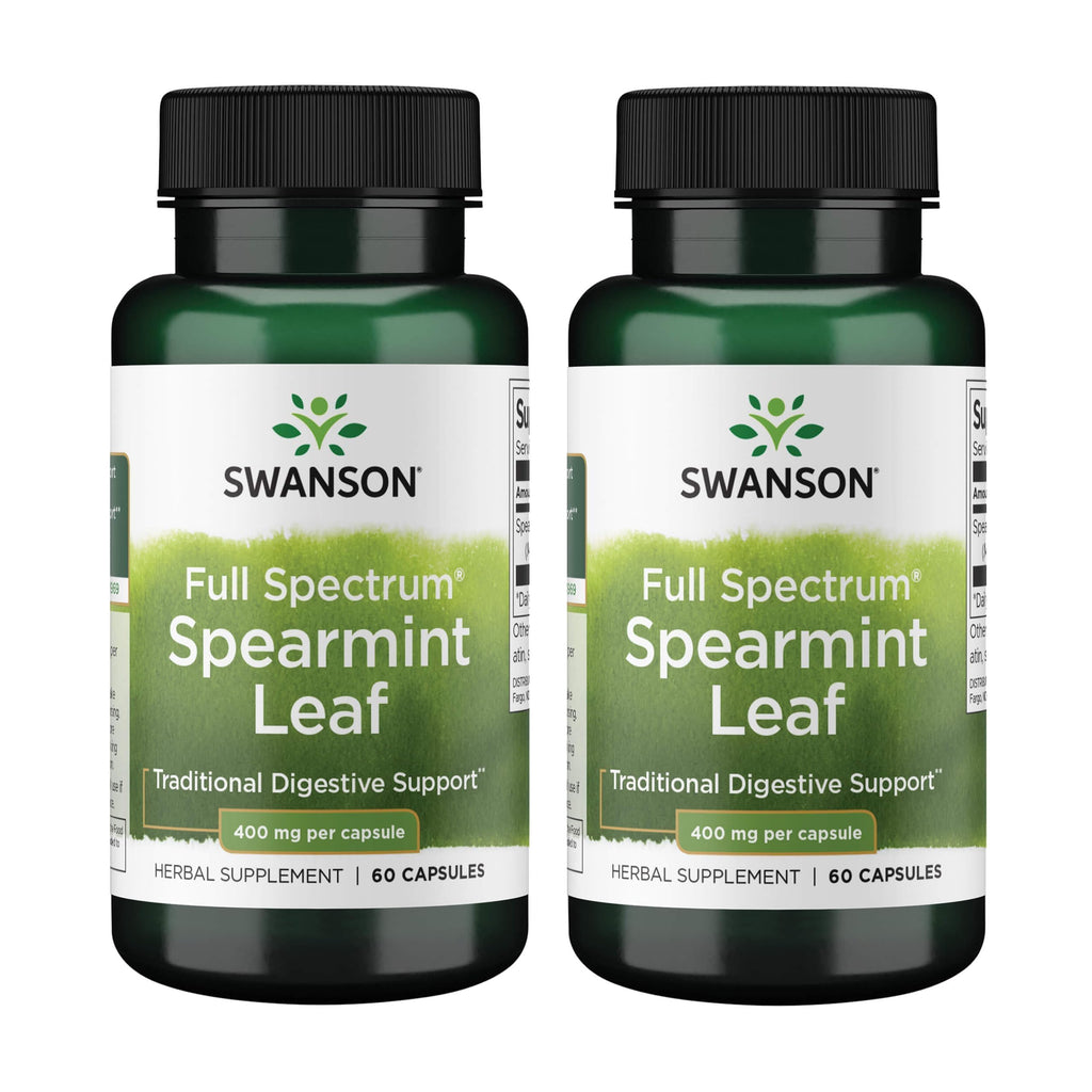 Swanson Spearmint Leaf Full Spectrum Digestive Supplement for Digestive-Comfort-Seeking Adults - 400 mg Mentha Spicata (60 Capsules, 2 Pack)