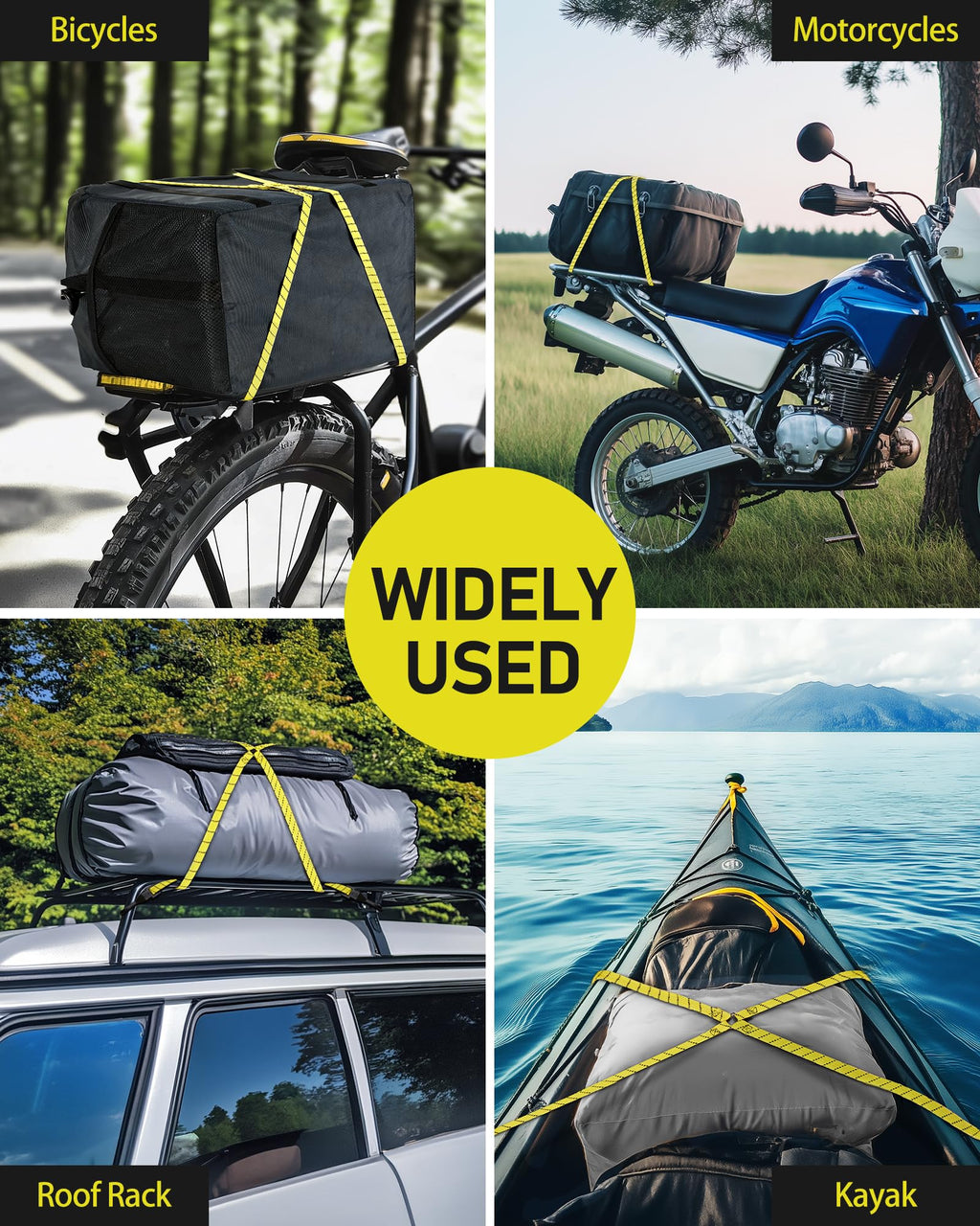 4 Pack 4 Way Flat Adjustable Bungee Cords with Hooks, Easy to Adjust The 4 Sides Length, Lucky Straps 30 Inch Black/Yellow Heavy Duty Tack Strap for Bike, Motorcycle, Roof Rack, Kayak, Cargo, etc