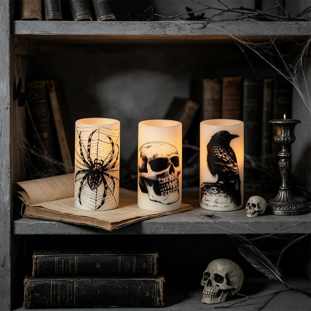 Eldnacele Skull Halloween Flameless Candles Battery Operated with 6H Timer
