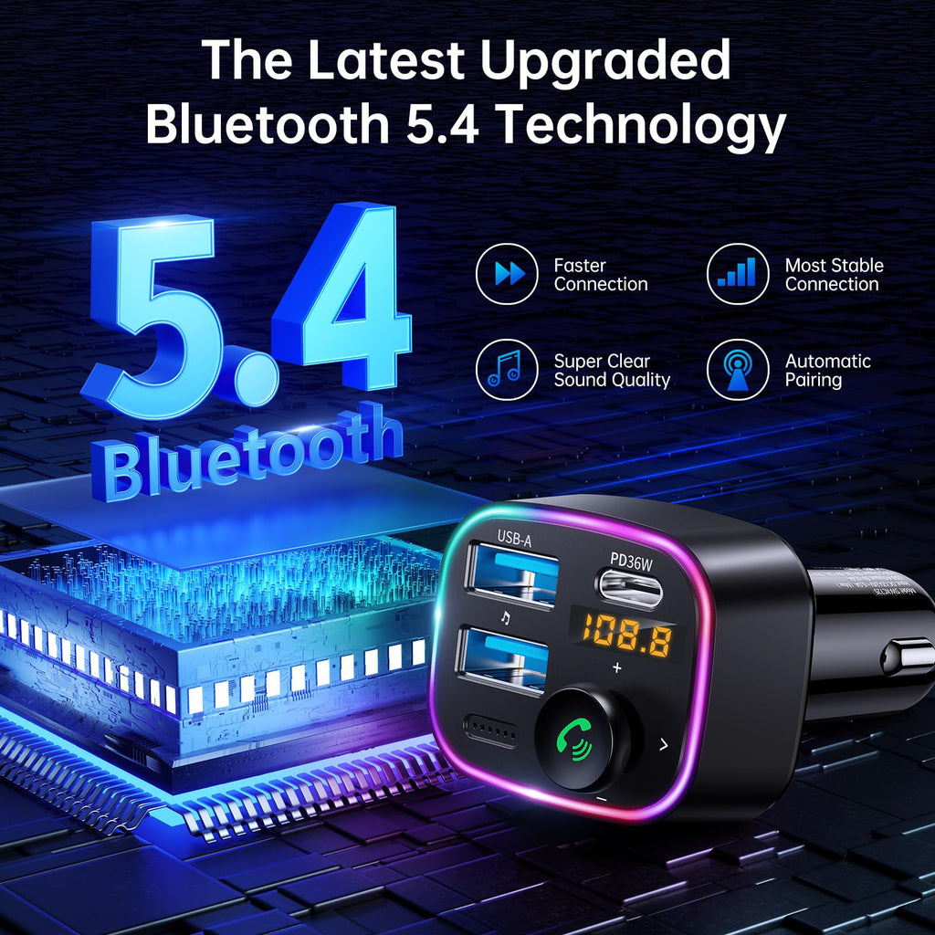 Syncwire Bluetooth 5.4 Car Adapter 48W FM Transmitter for Hands Free Calls