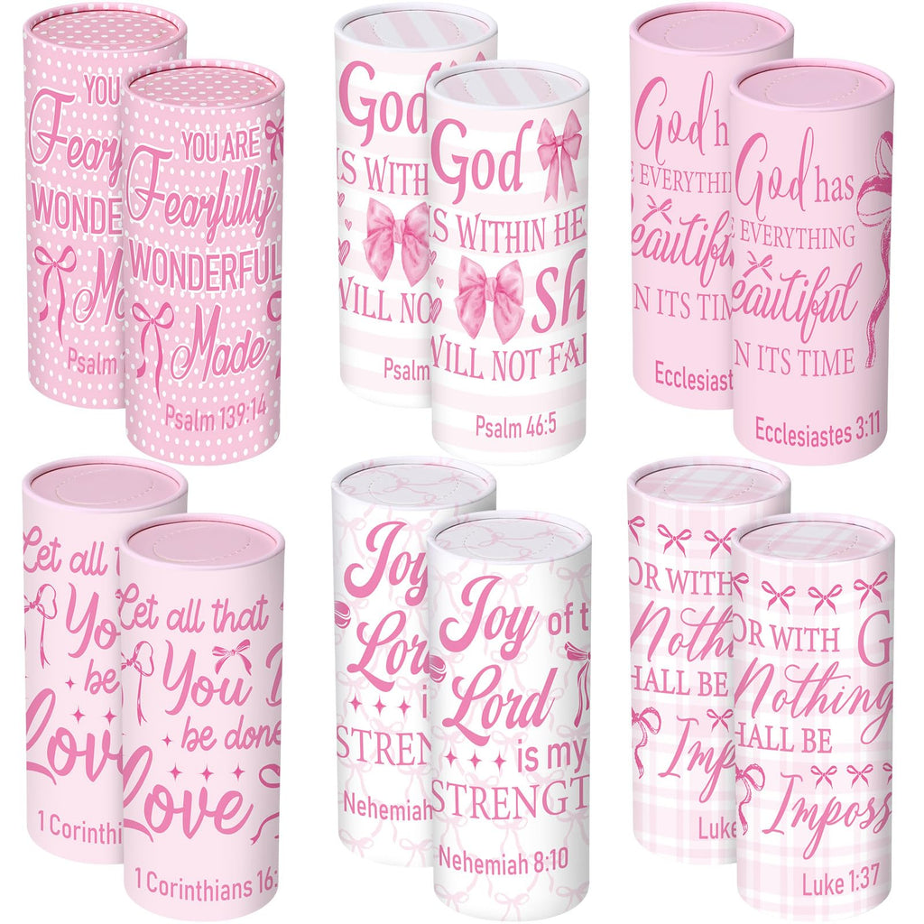 Outus 12 Pcs Christian Car Tissues Cylinder Holder with 3 Ply Facial Tissue Bulk Pink Bow Religious Round Tissue Holder Inspirational Scripture Travel Tissues Boxes Container for Car Cup Home Office
