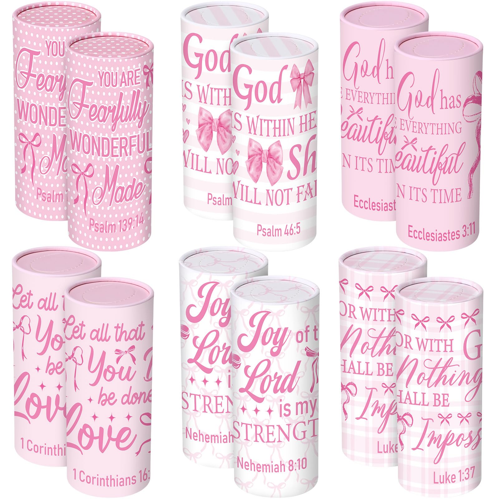 Outus 12 Pcs Christian Car Tissues Cylinder Holder with 3 Ply Facial Tissue Bulk Pink Bow Religious Round Tissue Holder Inspirational Scripture Travel Tissues Boxes Container for Car Cup Home Office