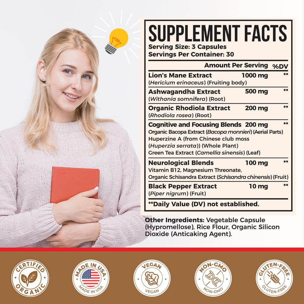 Ashwagandha & Lions Mane Supplements Capsules, Brain Supplements for Memory and Focus, Ashwagandha with Rhodiola Rosea for Cognitive, Immune Support, Cortisol Supplements for Women, 90 Capsules