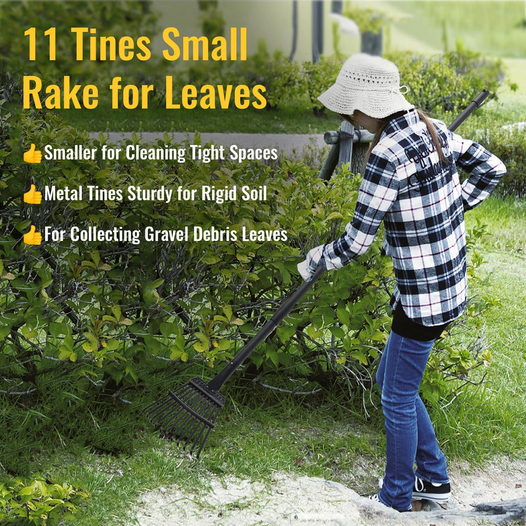 Small Rakes for Garden Beds,11 Tines Heavy Duty Metal Yard Hand Rake with 63in Adjustable Handle,Ideal Gardening Rakes for Gathering Leaves,Shrub,Dog Poop,Garden Flower Beds
