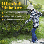 Small Rakes for Garden Beds,11 Tines Heavy Duty Metal Yard Hand Rake with 63in Adjustable Handle,Ideal Gardening Rakes for Gathering Leaves,Shrub,Dog Poop,Garden Flower Beds