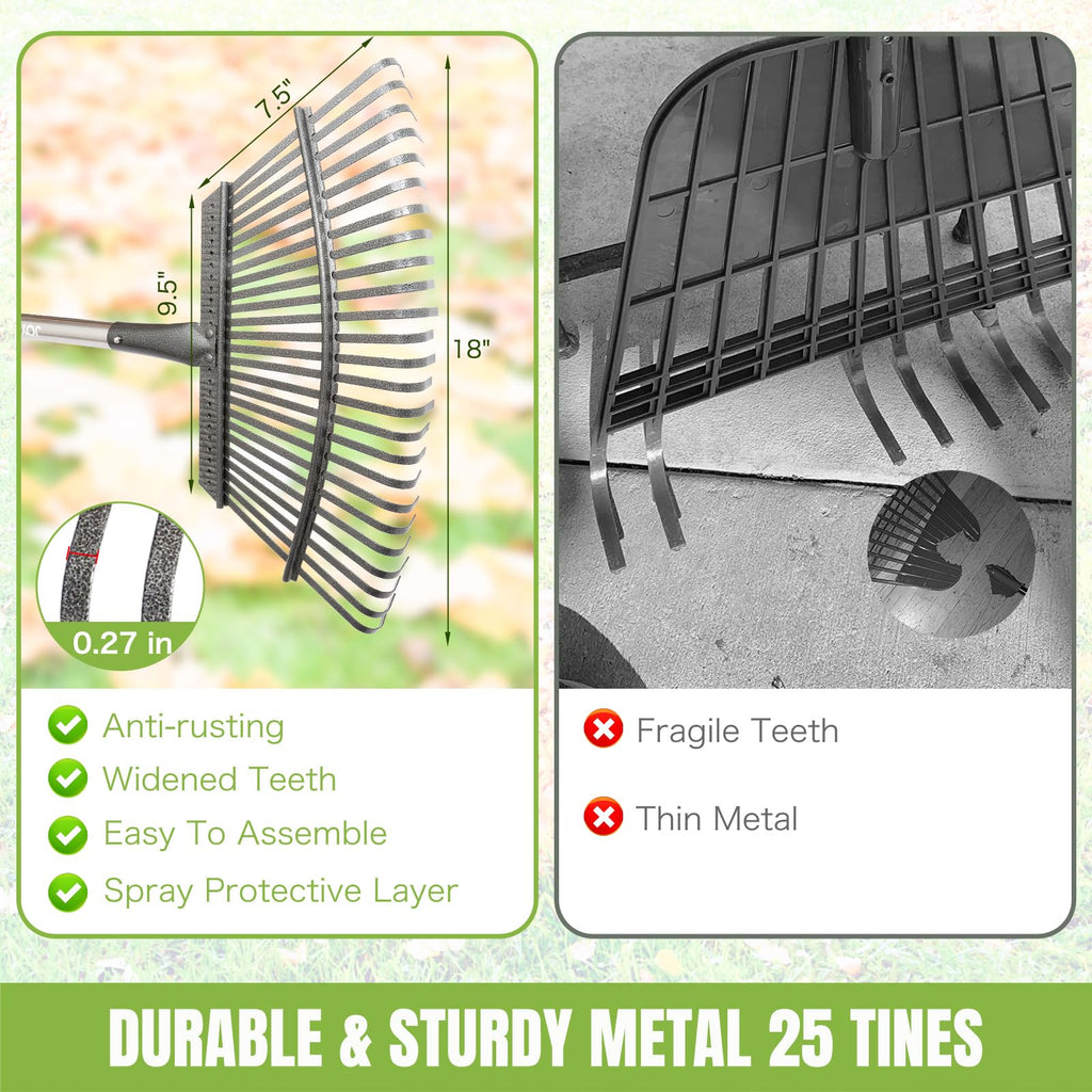 Adjustable 65 Inch Long 18 Inch Wide Garden Rake, 25 Tines Metal