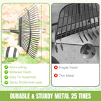 Adjustable 65 Inch Long 18 Inch Wide Garden Rake, 25 Tines Metal