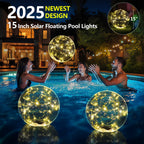 Cootway Floating Pool Lights, 15 Inch Warm White Solar Pool Light that Float, IP68 Waterproof Inflatable Light Up Pool Balls, Float or Hang Solar Floating Lights for Pool, Wedding, Party Decor - 2PC