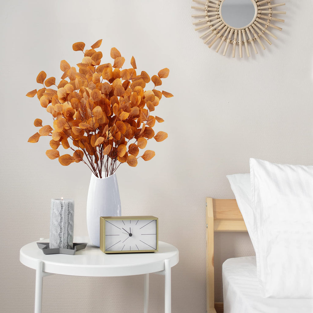 Sggvecsy 6 Pcs Fall Eucalyptus Leaves Artificial Eucalyptus Stems Long Silver Dollar Leaves Autumn Leaf Branches Fake Silk Eucalyptus for Christmas Home Autumn Festival Thanksgiving Decor(Orange)