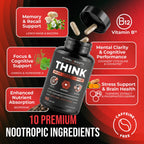 All-Natural Brain Supplement for Memory and Focus - Caffeine-Free Long-Term Cognitive Support - 10 Nootropic Ingredients Including Lion’s Mane, Bacopa, Turmeric, Ginkgo & Huperzine A - 90 Capsules