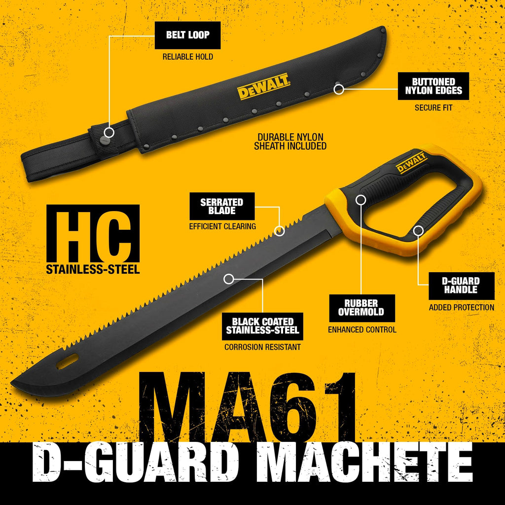 DEWALT 21 Inch MA61 D-Guard Machete - Full Tang Stainless Steel Blade with Saw Back & Protective D-Guard Non-Slip TPR Handle with Nylon Sheath for Brush Clearing, Yard Work, Camping and Outdoor Use
