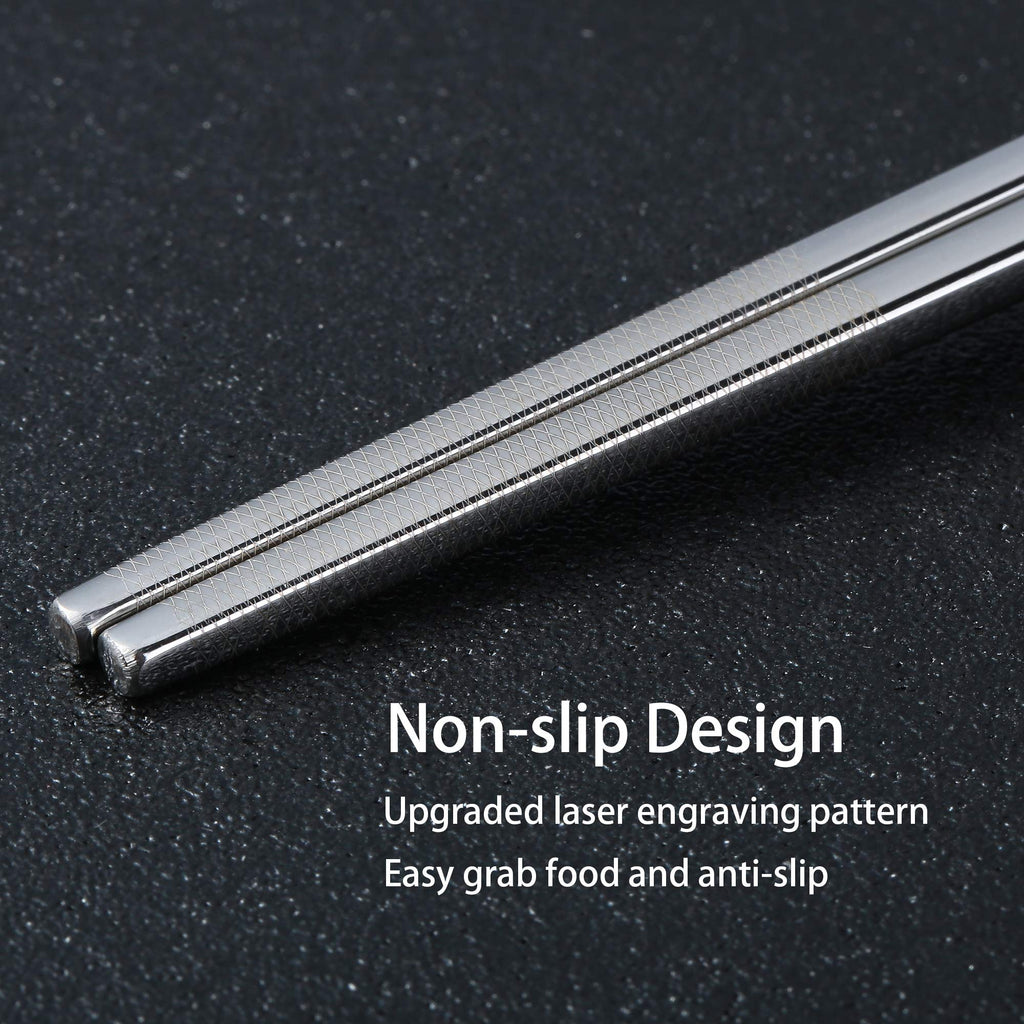Stainless Steel Chopsticks Titanium Plated Metal Chopsticks Reusable Dishwasher safe Premium Japanese Korean Chopstick Laser Engraved Anti-slip Chop Sticks for Eating 2 Pairs Gift Set Black Silver