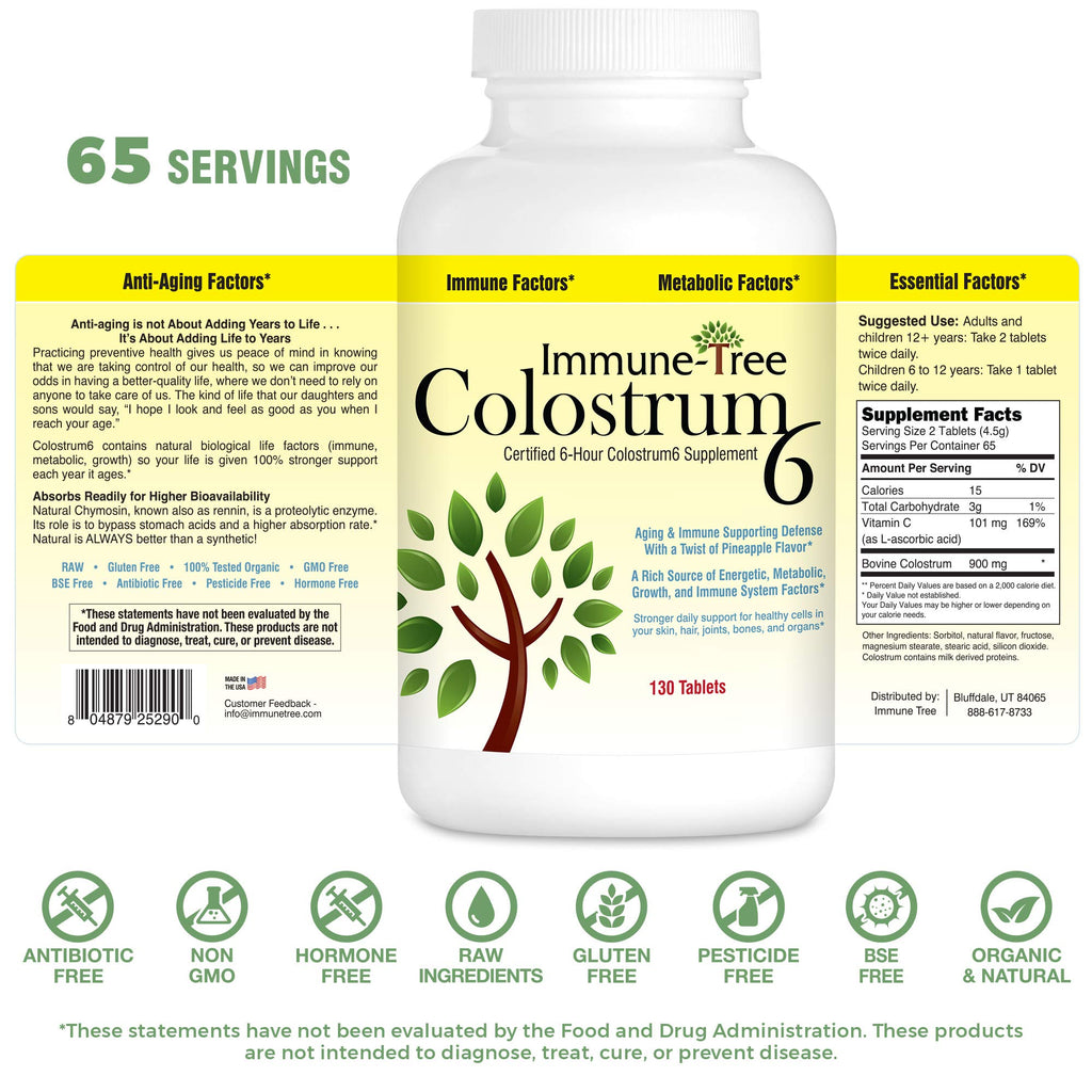 Immune Tree Colostrum6, Certified 6-Hour Colostrum, Pineapple Flavor, 130 Lozenges