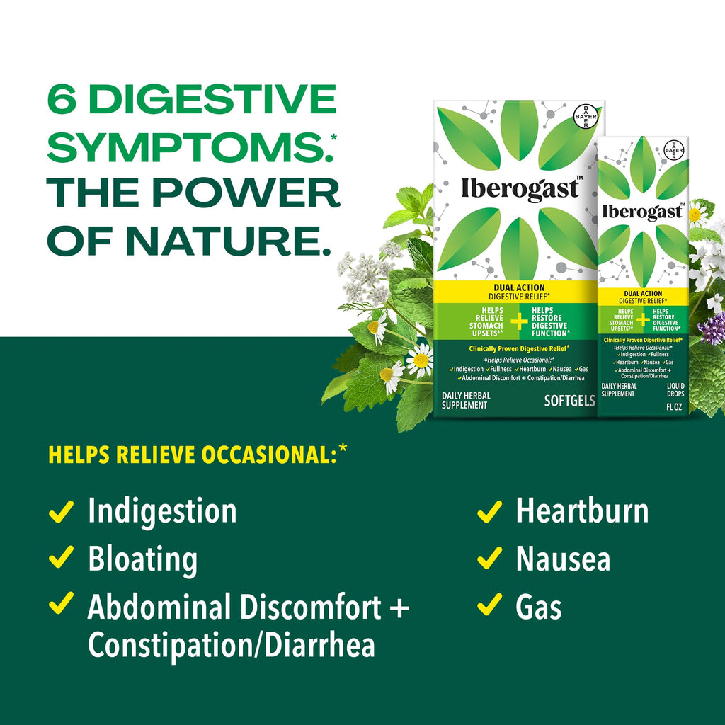 Iberogast Liquid Drops, Herbal Relief of Stomach Upsets: Occasional Indigestion, Bloating, Gas, Nausea, Upset Stomach; Gluten Free; 6-Herb Blend with Iberis Amara, Peppermint, Licorice; 50mL