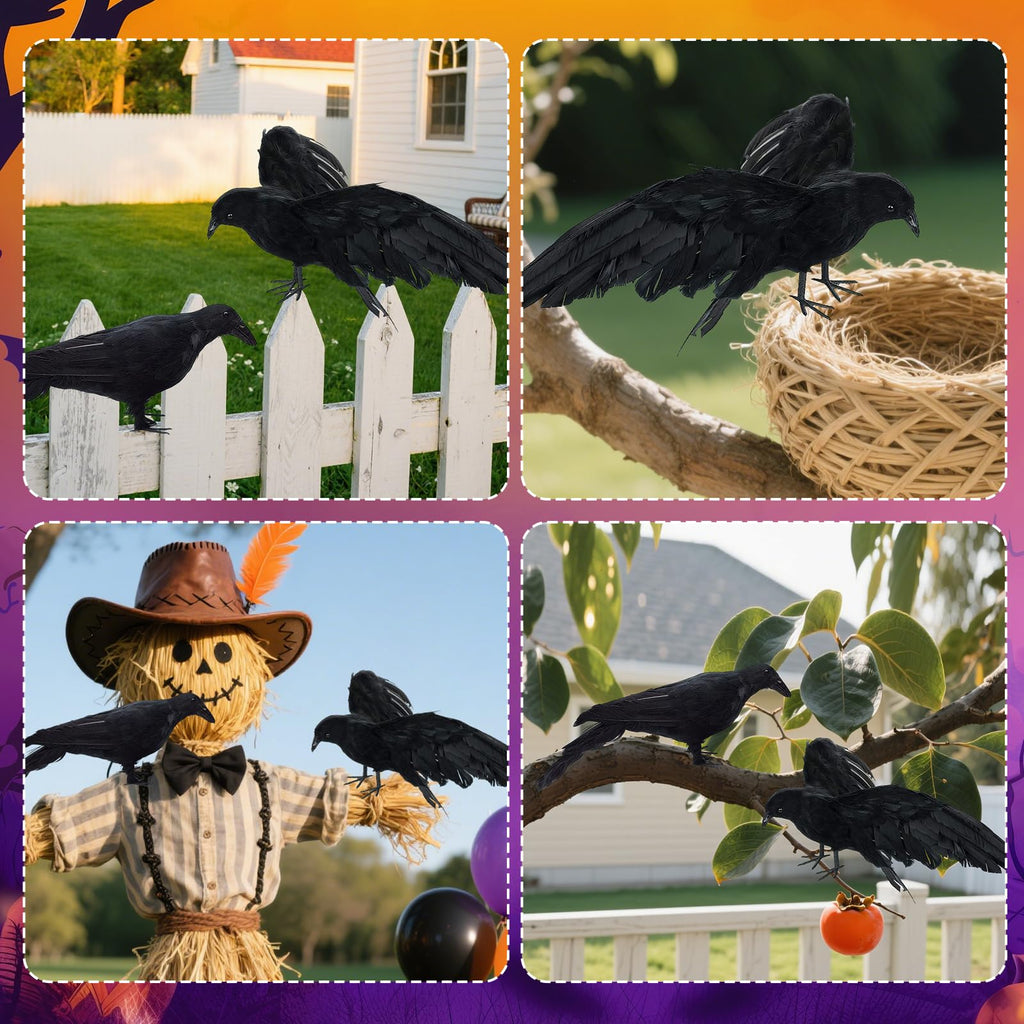 Black Fake Crows Halloween Decorations, 2 Pcs Large Realistic Feather Crows