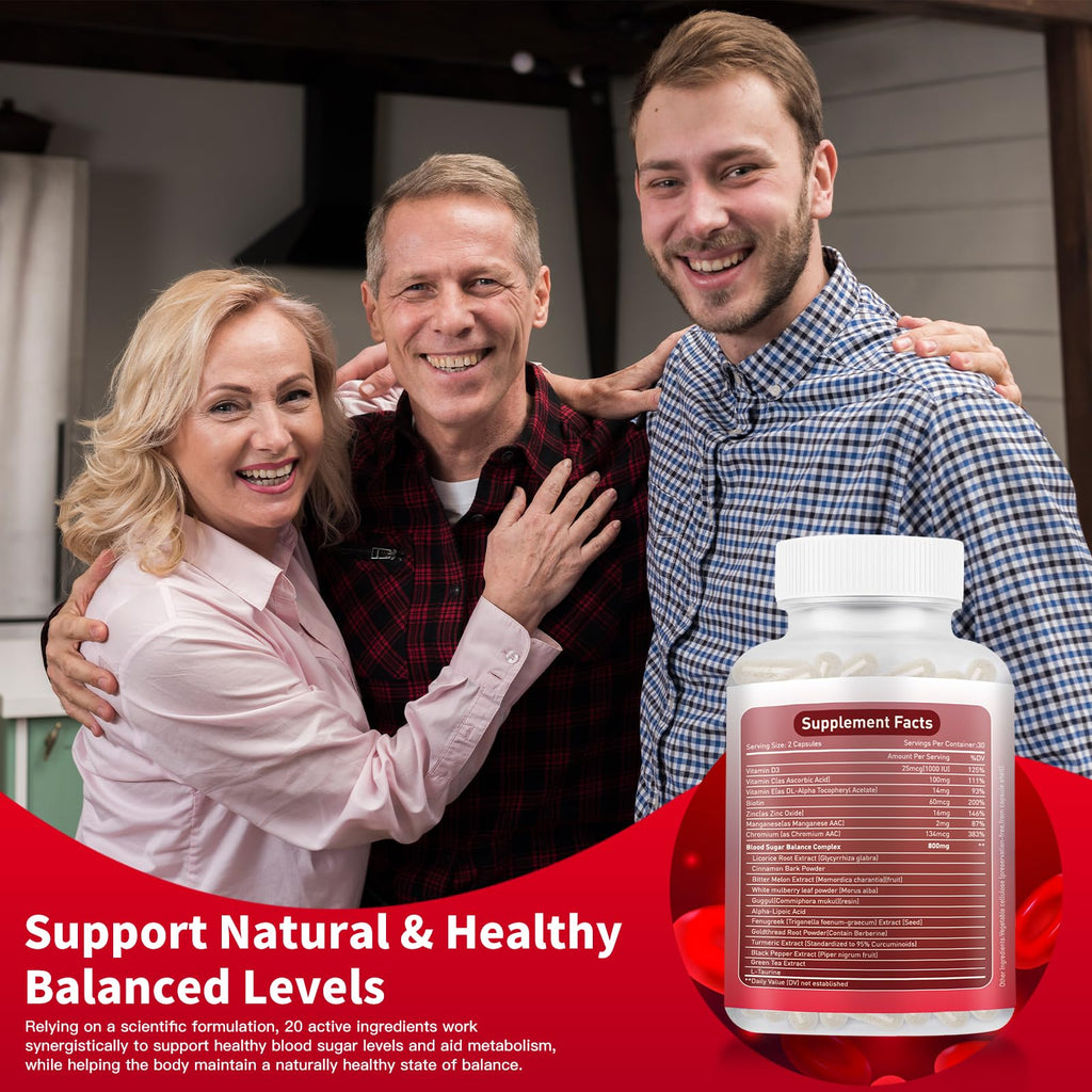 Blood Sugar Complex Supplement – Natural with 20 Active Herbs and Vitamins, Including Cinnamon, Bitter Melon, Black Pepper, Licorice, Vegan, Non-GMO, Gluten-Free, 120 Capsules
