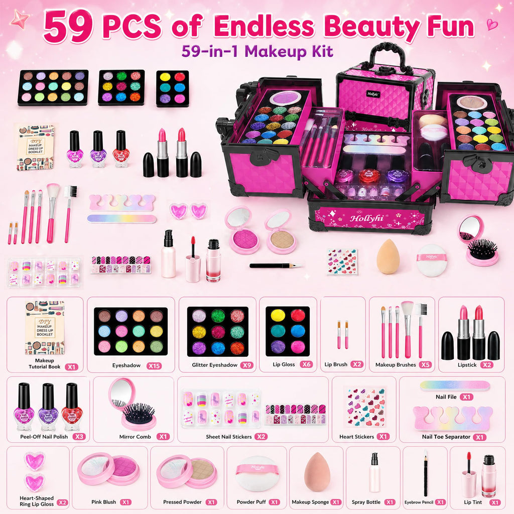59 Pcs Kids Makeup Toys Kit for Girl, Non-Toxic Real Washable Pretend Set