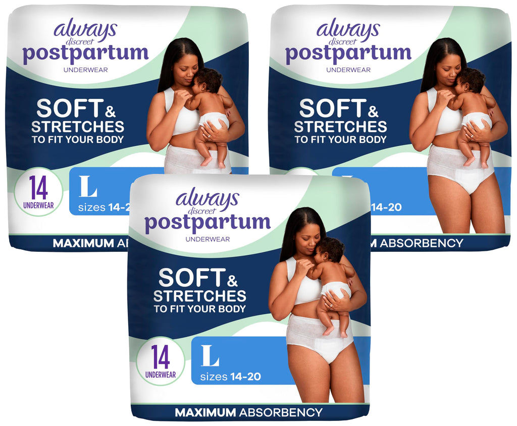 Always Discreet Postpartum and Adult Incontinence Underwear for Women, Large, Maximum Protection, 14 Count (Pack of 3)