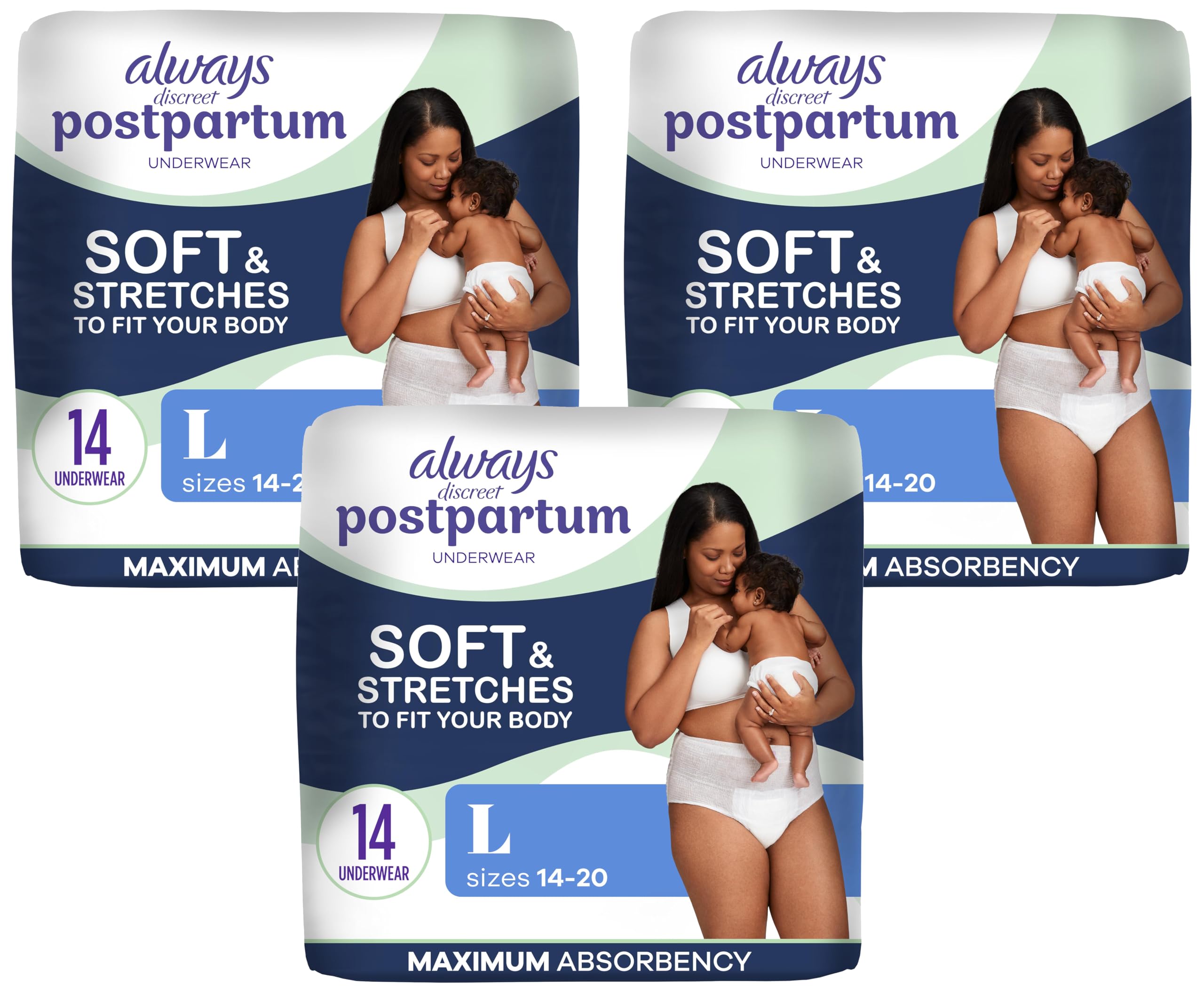 Always Discreet Postpartum and Adult Incontinence Underwear for Women, Large, Maximum Protection, 14 Count (Pack of 3)