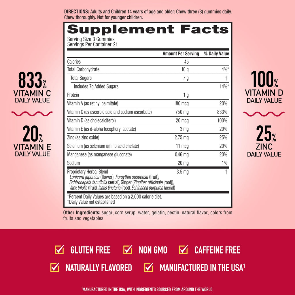 Airborne Immune Support Gummies, Assorted Fruit Flavor, 63 Ct - 750 mg Vitamin C + Vitamins A, D & E + Zinc, Selenium, and Manganese | with Herbal Blend | Naturally Flavored