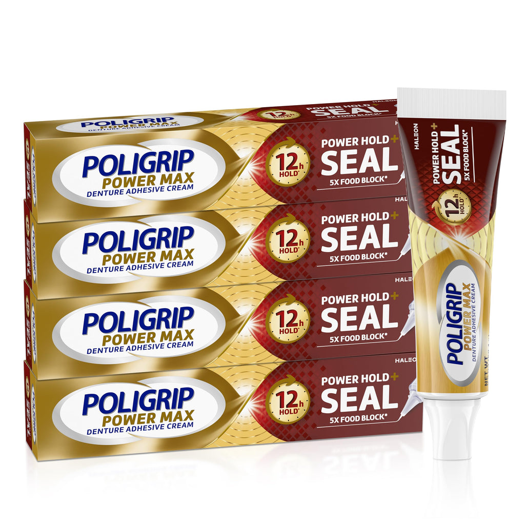 Poligrip Power Max Power Hold Plus Seal Denture Adhesive Cream for Secure Hold and Food Sealing, Flavourless - 2.2 oz (62.3 g) (Pack of 4)