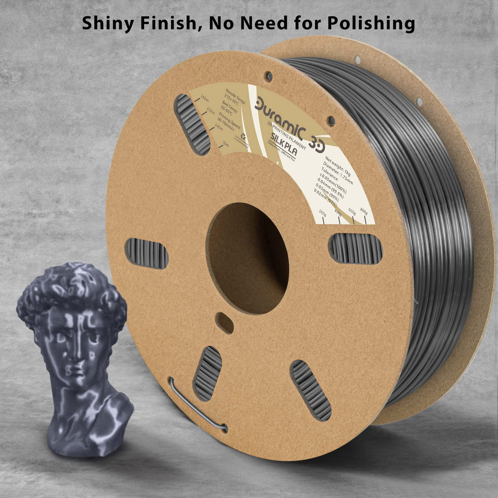 DURAMIC 3D PLA Filament 1.75mm 1kg Spool, Jam-Free High Stifness 3D Printing Filament with Cardboard Spool, No-Tangling No-Clogging Dimensional Accuracy 99% +/- 0.03 mm Silk Silver 1 Pack
